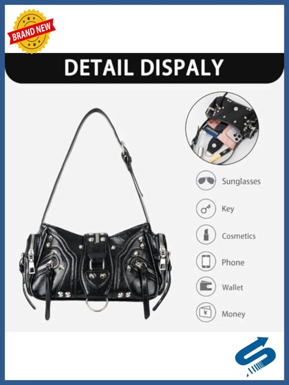 Y2k Small Studded Shoulder Bag with Side Pockets Faux Leather